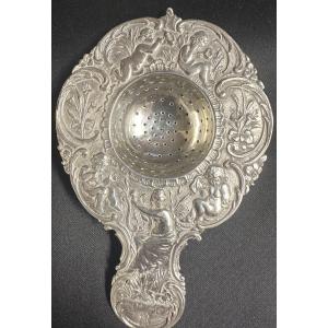 Solid Silver Tea Strainer With Angel Decoration, Puti And Musician. Swiss Work?