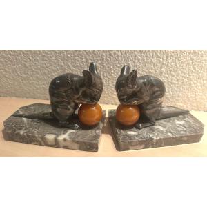 Hyppolyte Moreau Pair Of Art Deco Mouse Bookends, Signed