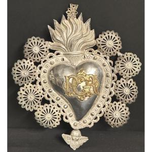 Grand ex voto cœur ange 21,2cm en argent non poinçonné Amour Saint Valentin