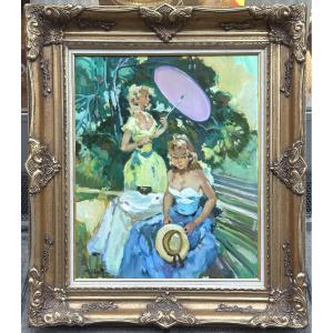 Pierre Grisot Large Oil Painting Elegant Women In The Garden Framed 84x74cm 