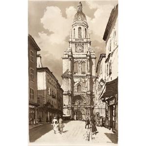 Joanny Drevet 1889-1969 Large Etching Notre Dame Cathedral In Bourg-en-bresse 01 Ain