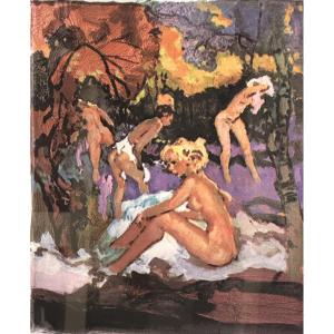 Pierre GRISOT 1911-1995 Rare sérigraphie Jeunes femmes au bain Symphonie jaune curiosa /2