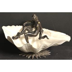 Spectacular 1940s Bronze And Shell Trinket Tray 