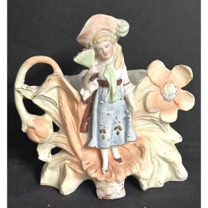 Elegant Young Flower Vase With Fan And Poppies, Circa 1900, In Bisque Porcelain