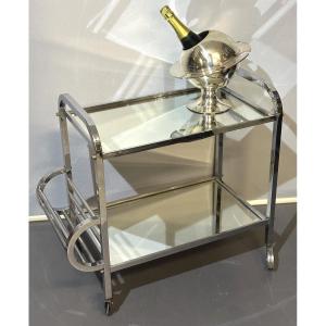 Art Deco Chrome-plated Metal Rolling Bar Trolley/serving Cart In Very Good Condition