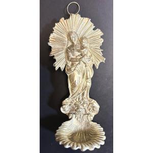 Ancien bénitier XIXe en bronze et laiton Vierge Marie Jésus et anges 