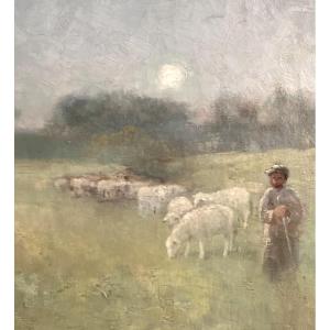 Anton MAUVE 1838-1888 Pays Bas Grande huile bergère et moutons au lever de soleil Van Gogh