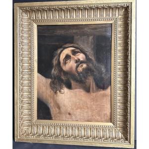 Importante huile XIXe Christ en buste sur acajou 