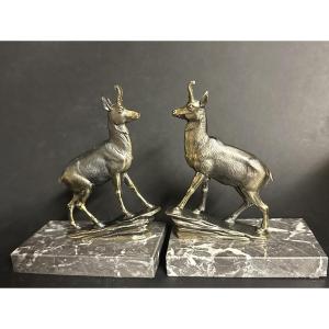 Pair Of Art Deco Chamois Bookends With Ibex Design, Alpine Mountain Style. Very Good Condition.