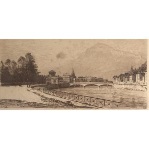 Joanny DREVET 1889-1969 GRENOBLE quais de l’Isere Vercors Moucherotte gravure Dauphiné