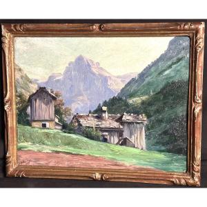 Hippolyte Mouthier 1880-1975 Oil Painting, Le Tenneverge, Griffe, Haute-savoie, Alps, Mountain 
