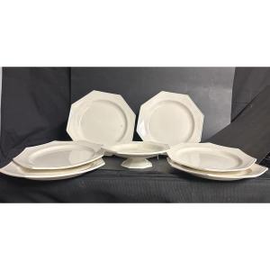 MONTEREAU XIXe Modèle PERLES 6 assiettes + 1 coupe sur pied Faïence fine signée