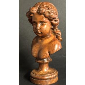 19th-century Wooden Sculpture Signed Cb Deloto. Bust Of A Child With Curly Hair. Very Good Condition. 
