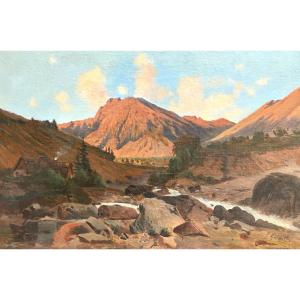 Louis GUIGUET 1861-1928 Grande huile 1893 Paysage montagneux en Dauphiné Alpes 