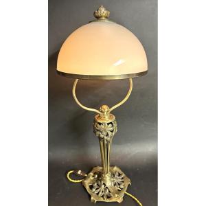 Large Bronze And Opaline Table Lamp, 59cm, Circa 1900