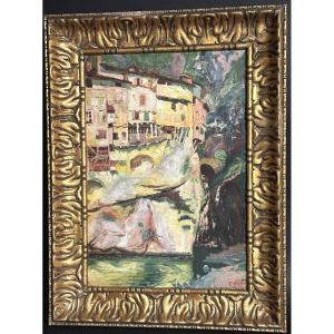 P. Vernin Oil Painting 1931 Pont En Royans Hanging Houses La Bourne Vercors Isère Alps /2