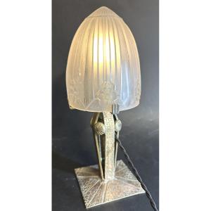 Art Deco Lamp From 1930 In Wrought Iron And Pressed Glass, 27cm, In Very Good Condition