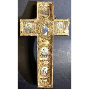 Reliquary Cross With Paperolles 18th Century With Religious Relics Saints St Georges Marguerite Rose