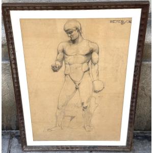 R. Peters XXth Large Charcoal Academy Of Man Art Deco Drawing Discobole