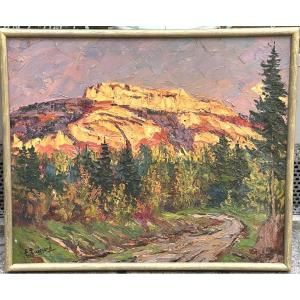Lucien Quenard 1902-1995 Oil La Pinea En Chartreuse Sun Setting Mountain Grenoble