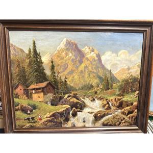 Louis Anatole TOUSSAINT 1856-1919 Huile Paysage de montagne Alpin animé Alpes