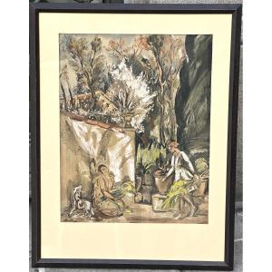 Émile OTHON FRIEZ 1879-1949 Jardin animé lithographie Jacomet vers 1930 signée