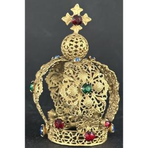Petite couronne statue Vierge en laiton doré avec strass 