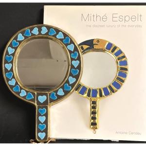 Mithé ESPELT Rare miroir à main cœurs 1950 en très bon état amour cœur