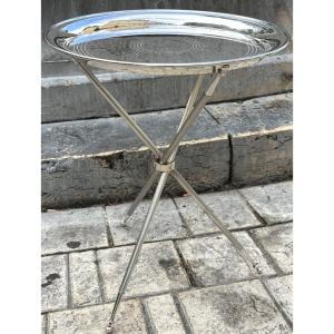 Guéridon tripode en métal argenté et piètement amovible 1950 Maison Jansen ou Baguès table 56cm