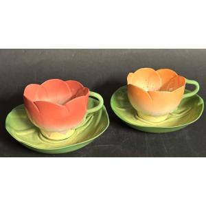 Paire de tasses et soucoupes pour thé café Faïence fine en forme de fleur Art Nouveau