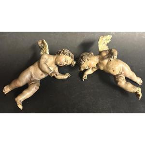 Rare Pair Of 18th-century Neapolitan Nativity Scene Angels, Made Of Polychrome Wood