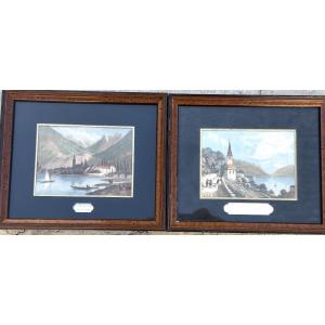 SUISSE XIXe Paire de gravures couleur lac de Genève Montreux et Villeneuve