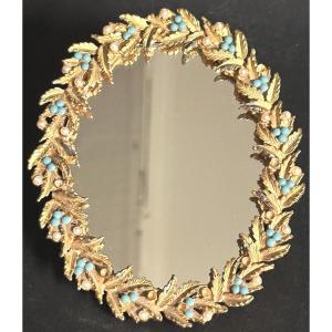 Petit miroir en bronze et perles fines signé Mirella 12,8cm 