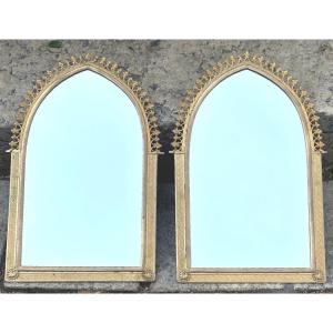 RARE paire de miroirs gothique en bronze doré 1900