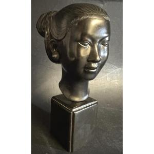 Nguyen THAN LE 1919-2006 Vietnam Buste bronze Signé Jeune femme Laos Bien Hoa