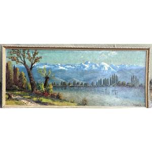 Lucien Quenard 1902–1995, Large Oil Painting: Belledonne Massif And The Isère River, Grenoble, Alps, Mountains
