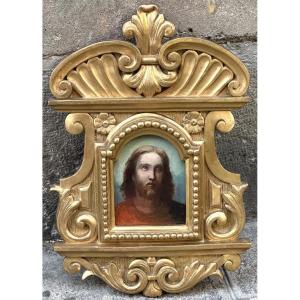 Oil Painting Of Christ In A Large 18th-century 52cm Gilded Wooden Frame, After Andrea Del Sarto