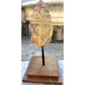 Cambodia Khmer Antic Stone Buddha Bust Pedestal In A Meditative Pose, Buddha, Asian Collection