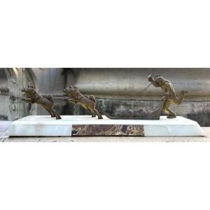 Important Art Deco Bronze Sculpture Of A Husky Sled Dog Team And Musher, Signed "jeanlem Neige"