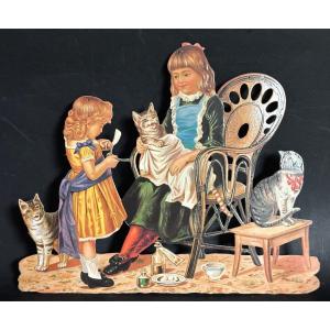Grand decoupis ancien CHAT Chromolithographie la toilette des chats avec 2 fillettes 1900