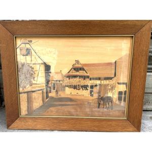 Spindler Large Alsatian Marquetry Piece Depicting The Alsatian Village Of Nothalten And A Horse At A Watering Trough, Signed