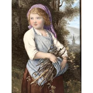 J. LACROSE 1881 Huile sur porcelaine signée Fillette au fagot en très bon état
