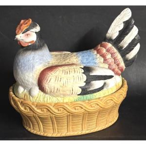 Grande boîte POULE en trompe-l’œil ceramique polychrome vide poche Staffordshire