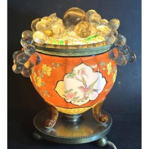 Rare 1900 Nightlight Made Of Bronze-colored Glass And Porcelain; "fruit Basket" By Maison Baguès, Dlg