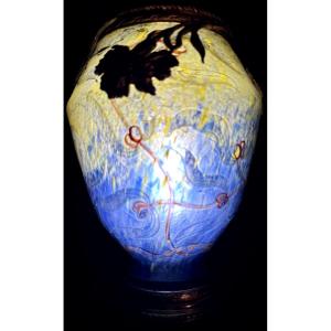 Daum Vase Attributed To The Art Nouveau Period, Made Of Etched Glass And Brass