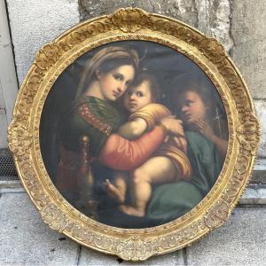 19th-century Important Oil Painting *the Virgin On A Chair*, After Raphael, 93 Cm, Tondo