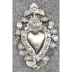 Antique Large Ex-voto Metal Heart: Love, Angels, And Openwork Foliage