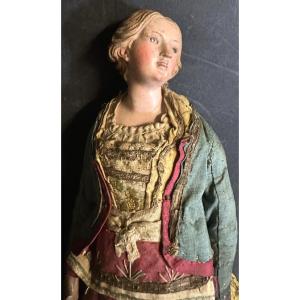 18th-century Neapolitan Santon Made Of Terracotta And Silk, With Glass Eyes—nativity Scene