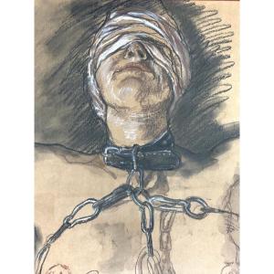 Curieux fusain et gouache Torturé aux chaînes et bandeau signé Art expressionniste SM