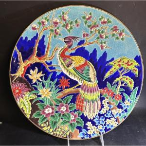 Important émaux De Longwy Dish, Chevalier “bird Of Paradise” Design, 1925, Signed “phoenix” 